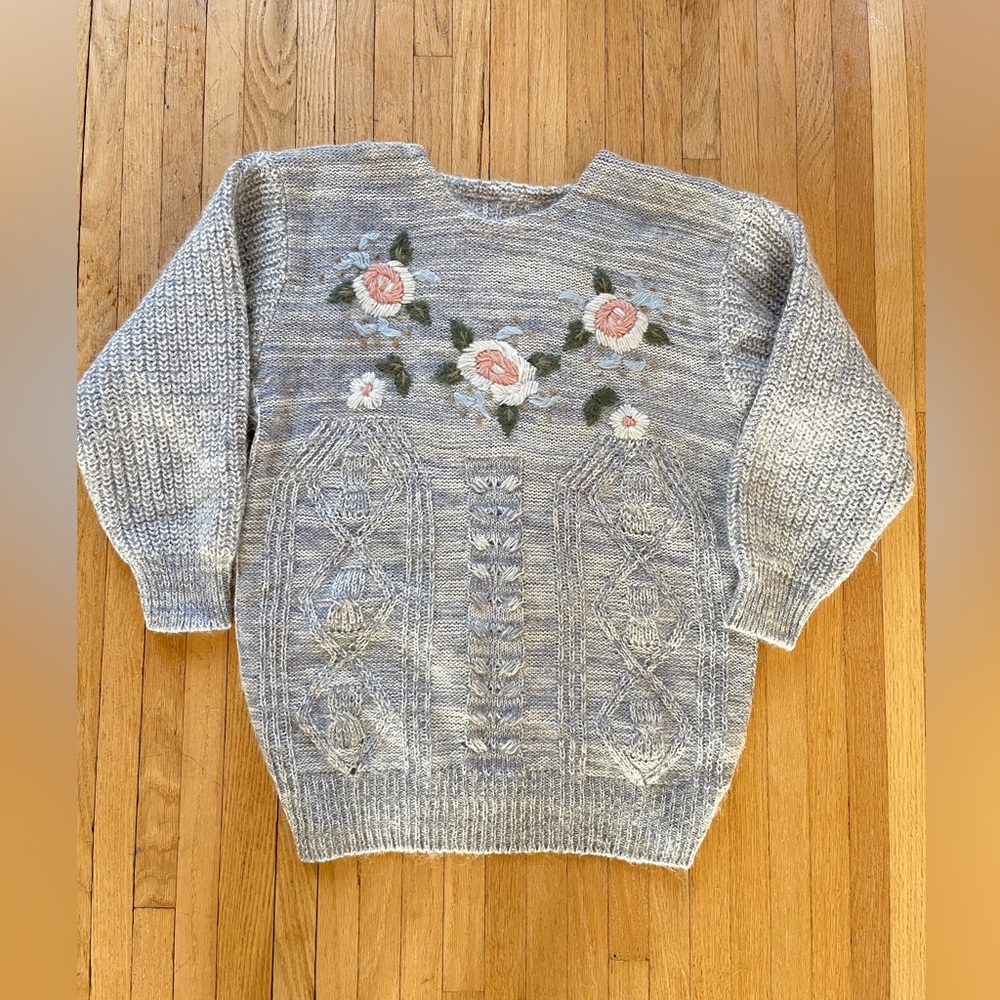 Handknit mohair wool blend Gray Floral Knit Sweater